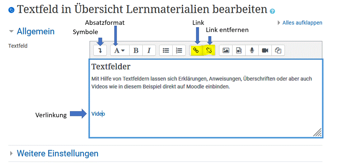 Textfeld als Bild vorhanden, es werden Symbole gezeigt, wie Links einfügen (Kette), Link entfernen (Kette lösen), 